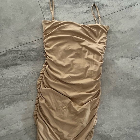 Oh Polly Tan Ruched Mini Slip Dress - Picture 2 of 3
